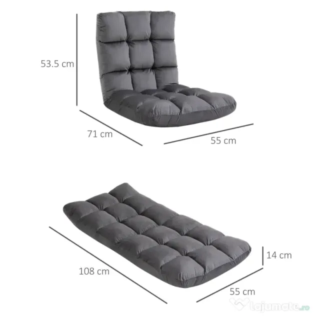 HOMCOM Fotoliu de Podea din Catifea cu Spătar Reglabil până la 180° și Tapițerie Groasă, 55x71x53.5cm, Gri Închis | Aosom Romania
