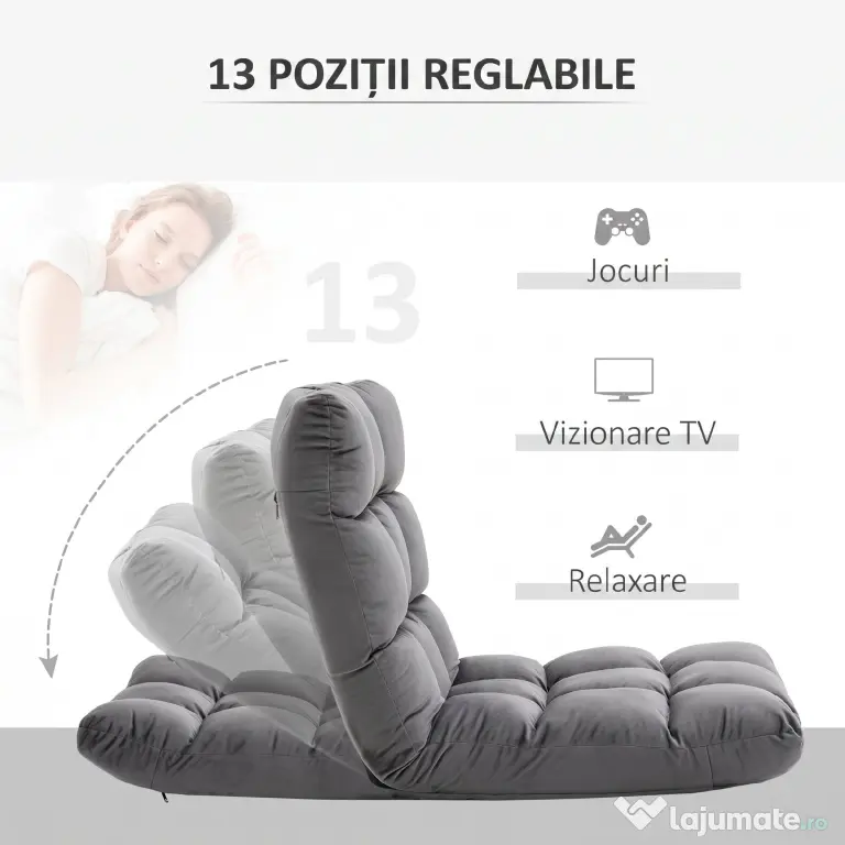 HOMCOM Fotoliu de Podea din Catifea cu Spătar Reglabil până la 180° și Tapițerie Groasă, 55x71x53.5cm, Gri Închis | Aosom Romania