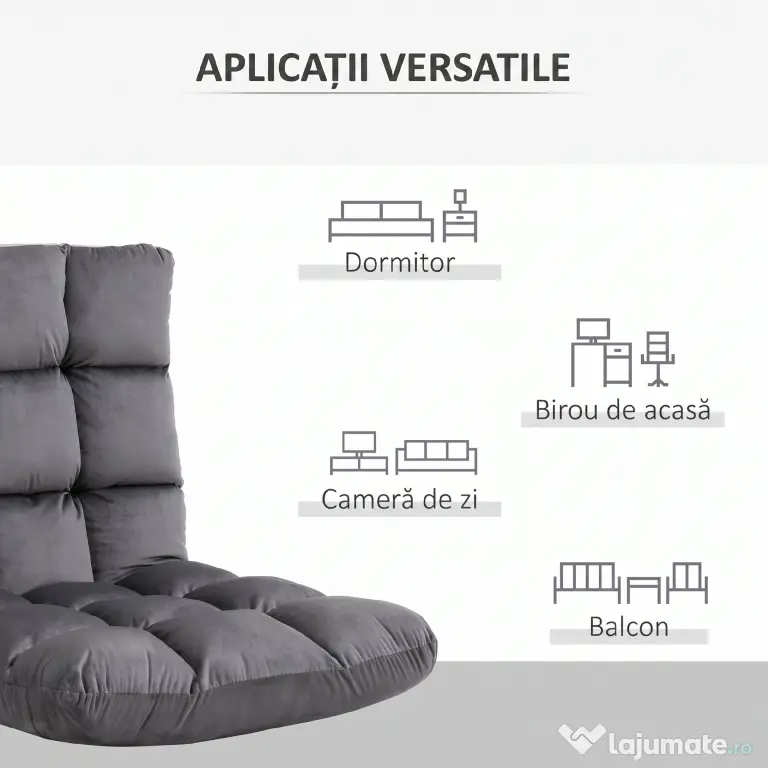 HOMCOM Fotoliu de Podea din Catifea cu Spătar Reglabil până la 180° și Tapițerie Groasă, 55x71x53.5cm, Gri Închis | Aosom Romania