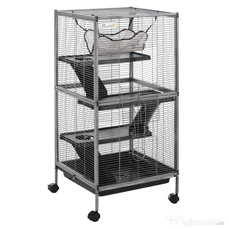 PawHut Cușcă din Oțel pentru Rozătoare cu 3 Niveluri, 4 Roți, Hamac și Tavă Detașabilă, 52x52x113.5 cm, Negru | Aosom Romania