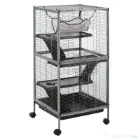 PawHut Cușcă din Oțel pentru Rozătoare cu 3 Niveluri, 4 Roți, Hamac și Tavă Detașabilă, 52x52x113.5 cm, Negru | Aosom Romania