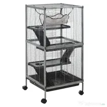 PawHut Cușcă din Oțel pentru Rozătoare cu 3 Niveluri, 4 Roți, Hamac și Tavă Detașabilă, 52x52x113.5 cm, Negru | Aosom Romania