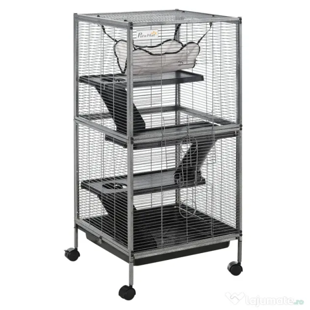 PawHut Cușcă din Oțel pentru Rozătoare cu 3 Niveluri, 4 Roți, Hamac și Tavă Detașabilă, 52x52x113.5 cm, Negru | Aosom Romania