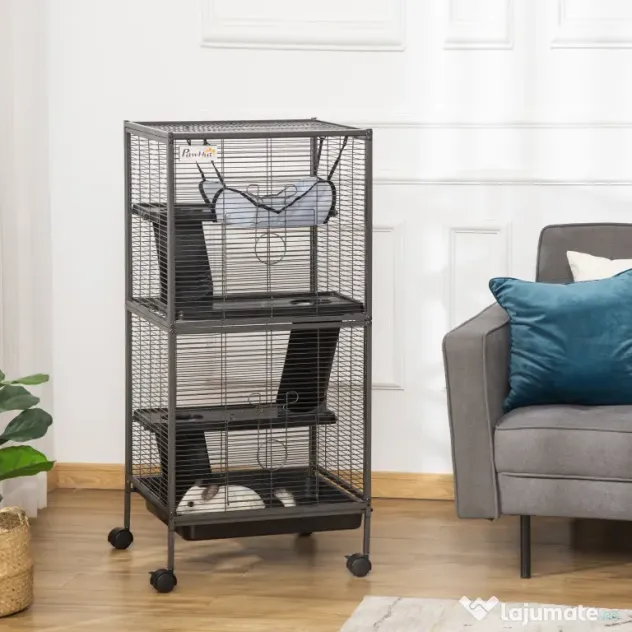 PawHut Cușcă din Oțel pentru Rozătoare cu 3 Niveluri, 4 Roți, Hamac și Tavă Detașabilă, 52x52x113.5 cm, Negru | Aosom Romania