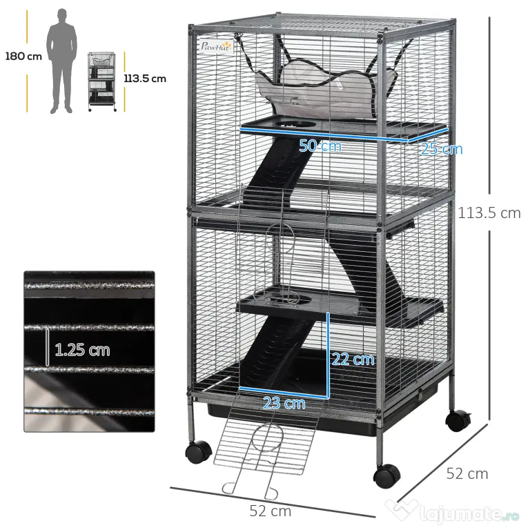 PawHut Cușcă din Oțel pentru Rozătoare cu 3 Niveluri, 4 Roți, Hamac și Tavă Detașabilă, 52x52x113.5 cm, Negru | Aosom Romania