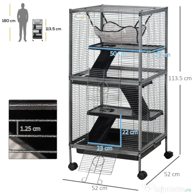 PawHut Cușcă din Oțel pentru Rozătoare cu 3 Niveluri, 4 Roți, Hamac și Tavă Detașabilă, 52x52x113.5 cm, Negru | Aosom Romania