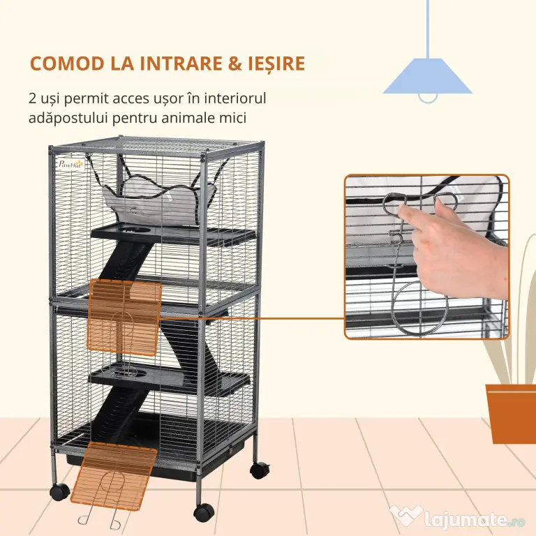 PawHut Cușcă din Oțel pentru Rozătoare cu 3 Niveluri, 4 Roți, Hamac și Tavă Detașabilă, 52x52x113.5 cm, Negru | Aosom Romania