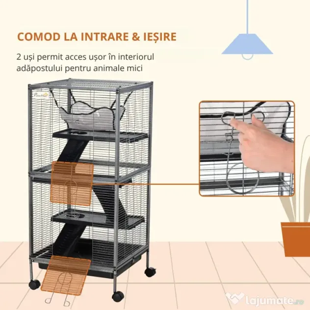 PawHut Cușcă din Oțel pentru Rozătoare cu 3 Niveluri, 4 Roți, Hamac și Tavă Detașabilă, 52x52x113.5 cm, Negru | Aosom Romania