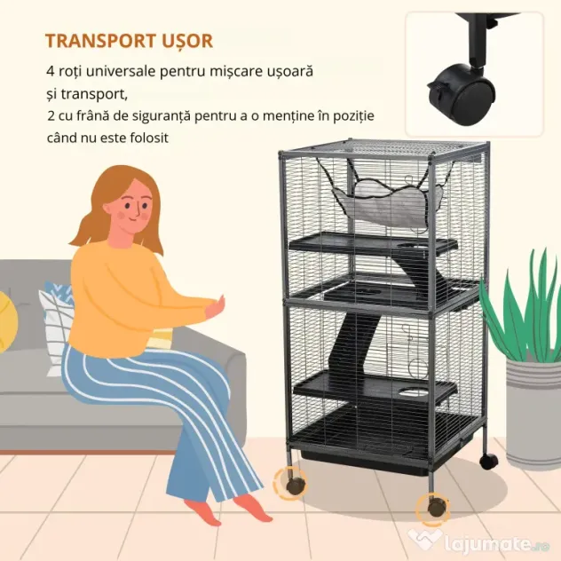 PawHut Cușcă din Oțel pentru Rozătoare cu 3 Niveluri, 4 Roți, Hamac și Tavă Detașabilă, 52x52x113.5 cm, Negru | Aosom Romania