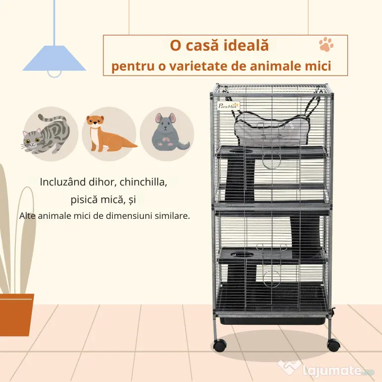 PawHut Cușcă din Oțel pentru Rozătoare cu 3 Niveluri, 4 Roți, Hamac și Tavă Detașabilă, 52x52x113.5 cm, Negru | Aosom Romania