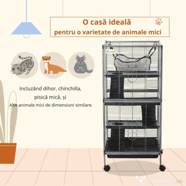 PawHut Cușcă din Oțel pentru Rozătoare cu 3 Niveluri, 4 Roți, Hamac și Tavă Detașabilă, 52x52x113.5 cm, Negru | Aosom Romania