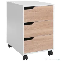 Comoda din MDF cu 3 Sertare si 4 roti cu rotatie de 360 ° (2 cu frane), pentru Birou sau Studio Alba si Lemn 31x37x7.2cm HOMCOM | Aosom Romania 