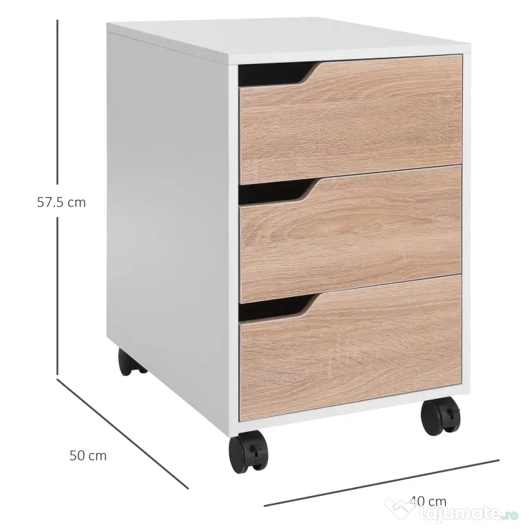 Comoda din MDF cu 3 Sertare si 4 roti cu rotatie de 360 ° (2 cu frane), pentru Birou sau Studio Alba si Lemn 31x37x7.2cm HOMCOM | Aosom Romania