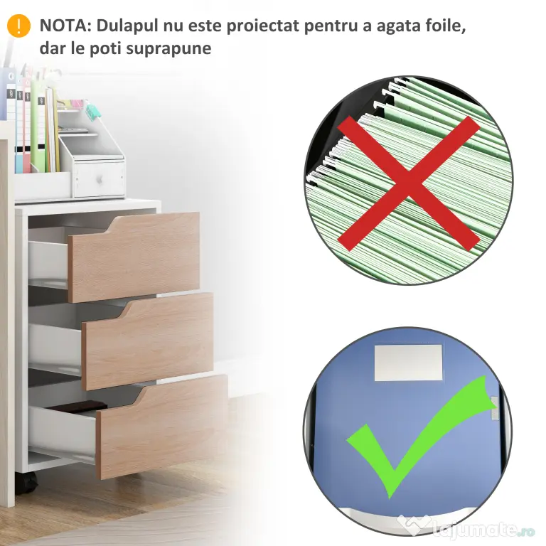 Comoda din MDF cu 3 Sertare si 4 roti cu rotatie de 360 ° (2 cu frane), pentru Birou sau Studio Alba si Lemn 31x37x7.2cm HOMCOM | Aosom Romania