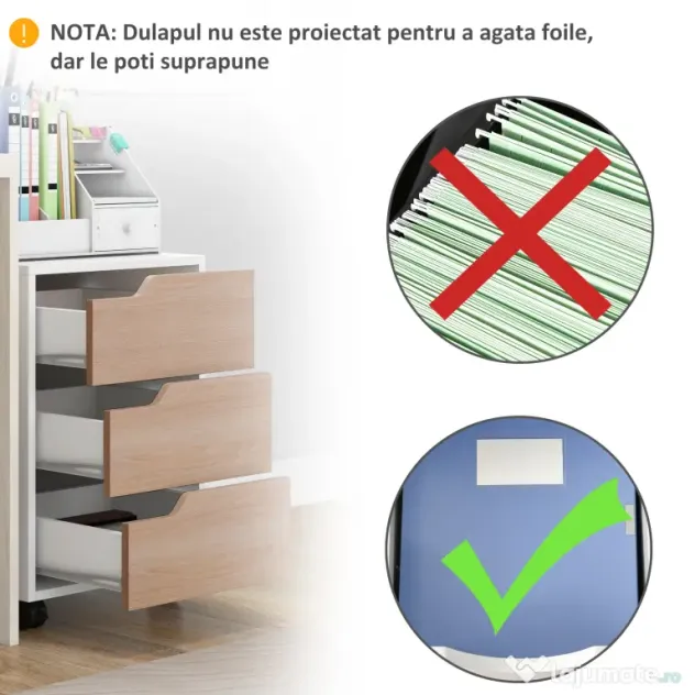 Comoda din MDF cu 3 Sertare si 4 roti cu rotatie de 360 ° (2 cu frane), pentru Birou sau Studio Alba si Lemn 31x37x7.2cm HOMCOM | Aosom Romania