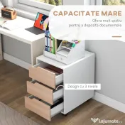 Homcom Comoda Birou – 3 Sertare, Roti, Alb si Lemn