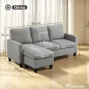 HOMCOM Canapea de Colț Modulabilă 3 Locuri cu Șezlong Reversibil, Canapea Modernă din Material Textil pentru Living, 197x139x91 cm, Gri 