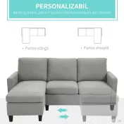 HOMCOM Canapea de Colț Modulabilă 3 Locuri cu Șezlong Reversibil, Canapea Modernă din Material Textil pentru Living, 197x139x91 cm, Gri 