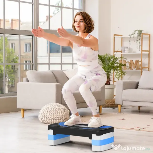 HOMCOM Aerobic Fitness Step, Stepper reglabil la 3 inaltimi 10-15-20 cm pentru antrenament acasa si la sala, albastru si negru