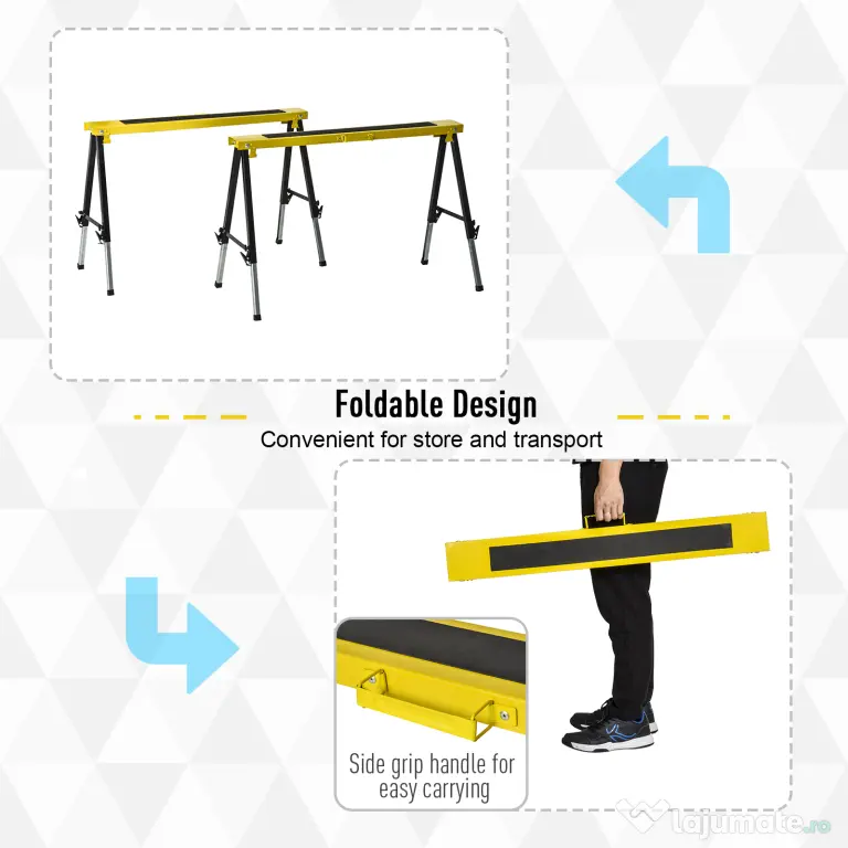 DURHAND Set 2 Piese Banc de Lucru Pliabil și Portabil, Mese de Lucru pentru Atelier și Șantier, Suport Multifuncțional, Galben/Negru