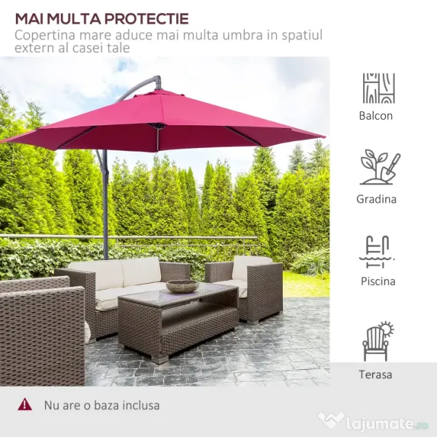 Umbrela Parasolara Decentrata Outsunny, Metal, Bordeaux, Φ3x2.6m | Aosom Romania