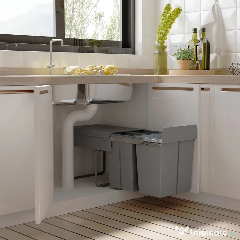 Homcom Cos Gunoi Ecologic 40L – 3 Compartimente Separate, Gri | Aosom Romania