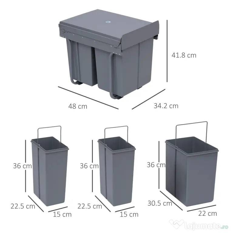 Homcom Cos Gunoi Ecologic 40L – 3 Compartimente Separate, Gri | Aosom Romania