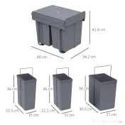 Homcom Cos Gunoi Ecologic 40L – 3 Compartimente Separate, Gri | Aosom Romania