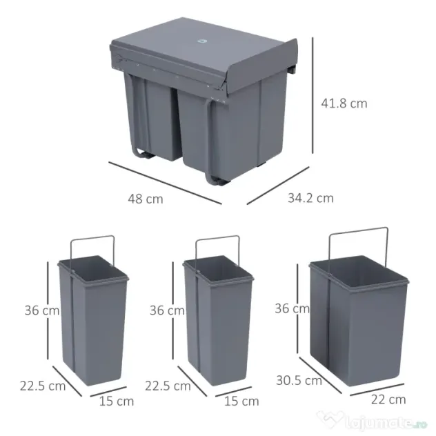 Homcom Cos Gunoi Ecologic 40L – 3 Compartimente Separate, Gri | Aosom Romania