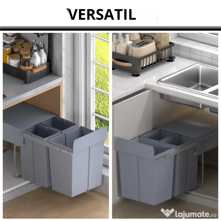 Homcom Cos Gunoi Ecologic 40L – 3 Compartimente Separate, Gri | Aosom Romania
