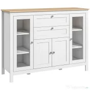 HOMCOM Comodă de Bucătărie, Mobilier de Bucătărie cu 2 Sertare, 3 Dulapuri, Blat de Lucru din Caucciuc, Bufet cu Uși din Sticlă, Rafturi Ajustabile, pentru Sufragerie, 120x40x90cm, Alb | Aosom Romania 