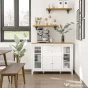 HOMCOM Comodă de Bucătărie, Mobilier de Bucătărie cu 2 Sertare, 3 Dulapuri, Blat de Lucru din Caucciuc, Bufet cu Uși din Sticlă, Rafturi Ajustabile, pentru Sufragerie, 120x40x90cm, Alb | Aosom Romania 