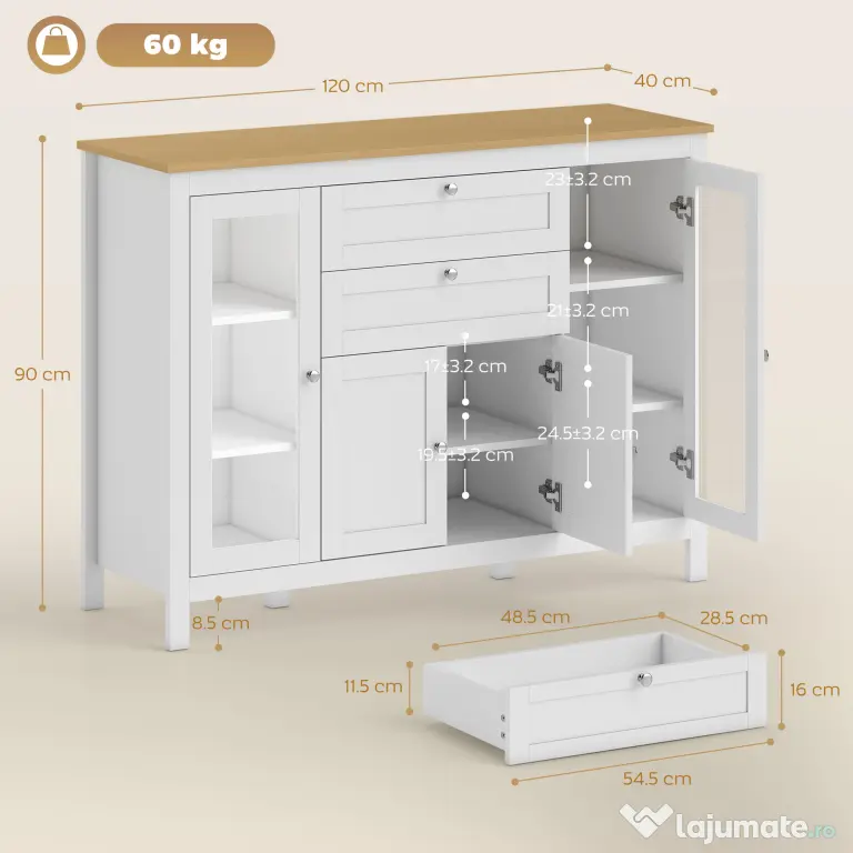 HOMCOM Comodă de Bucătărie, Mobilier de Bucătărie cu 2 Sertare, 3 Dulapuri, Blat de Lucru din Caucciuc, Bufet cu Uși din Sticlă, Rafturi Ajustabile, pentru Sufragerie, 120x40x90cm, Alb | Aosom Romania