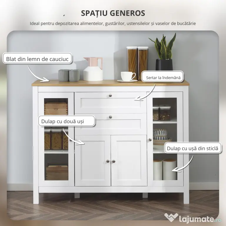 HOMCOM Comodă de Bucătărie, Mobilier de Bucătărie cu 2 Sertare, 3 Dulapuri, Blat de Lucru din Caucciuc, Bufet cu Uși din Sticlă, Rafturi Ajustabile, pentru Sufragerie, 120x40x90cm, Alb | Aosom Romania