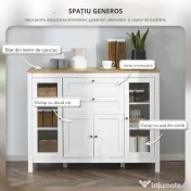 HOMCOM Comodă de Bucătărie, Mobilier de Bucătărie cu 2 Sertare, 3 Dulapuri, Blat de Lucru din Caucciuc, Bufet cu Uși din Sticlă, Rafturi Ajustabile, pentru Sufragerie, 120x40x90cm, Alb | Aosom Romania 