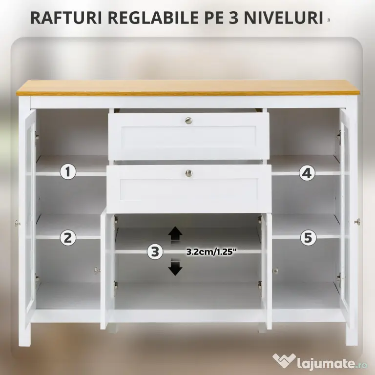 HOMCOM Comodă de Bucătărie, Mobilier de Bucătărie cu 2 Sertare, 3 Dulapuri, Blat de Lucru din Caucciuc, Bufet cu Uși din Sticlă, Rafturi Ajustabile, pentru Sufragerie, 120x40x90cm, Alb | Aosom Romania