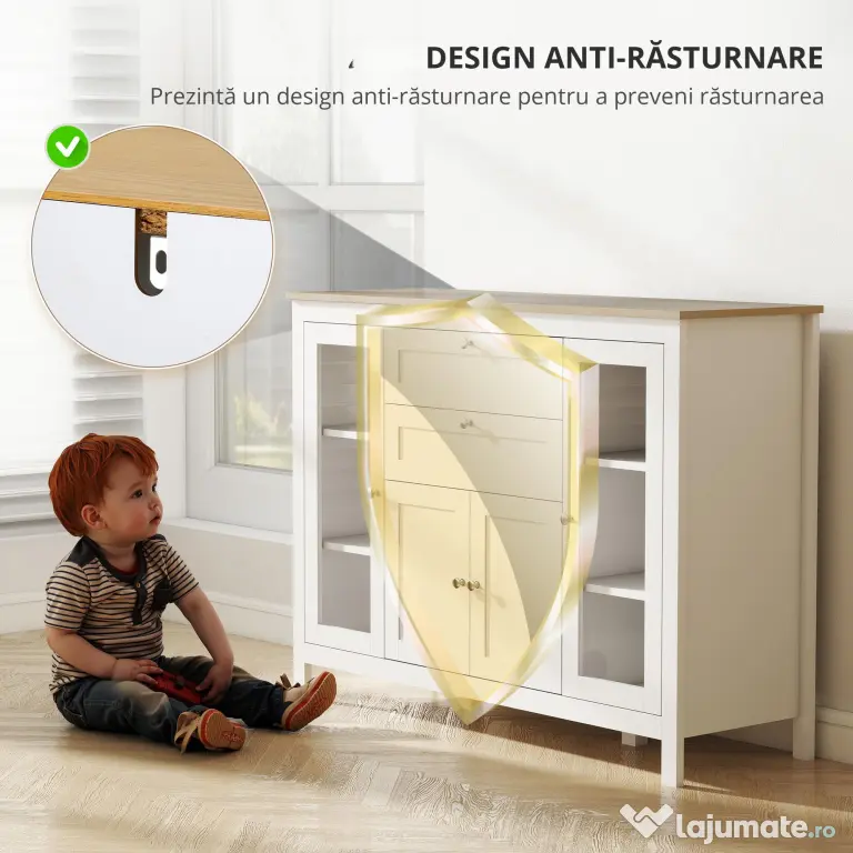 HOMCOM Comodă de Bucătărie, Mobilier de Bucătărie cu 2 Sertare, 3 Dulapuri, Blat de Lucru din Caucciuc, Bufet cu Uși din Sticlă, Rafturi Ajustabile, pentru Sufragerie, 120x40x90cm, Alb | Aosom Romania