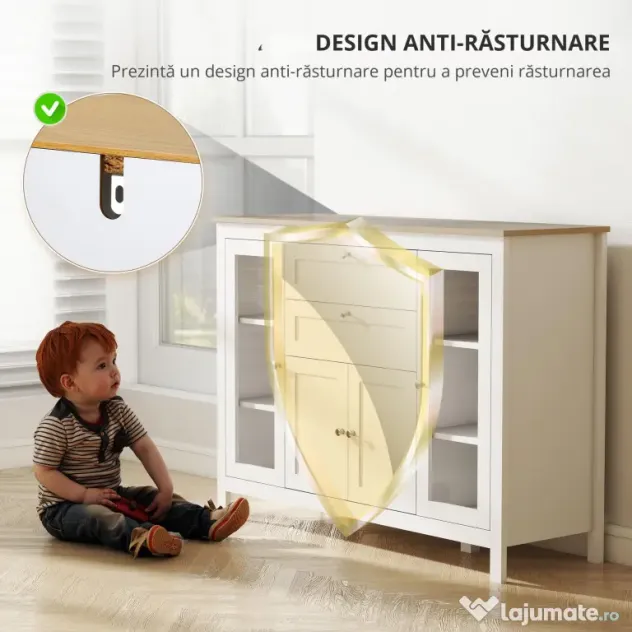 HOMCOM Comodă de Bucătărie, Mobilier de Bucătărie cu 2 Sertare, 3 Dulapuri, Blat de Lucru din Caucciuc, Bufet cu Uși din Sticlă, Rafturi Ajustabile, pentru Sufragerie, 120x40x90cm, Alb | Aosom Romania