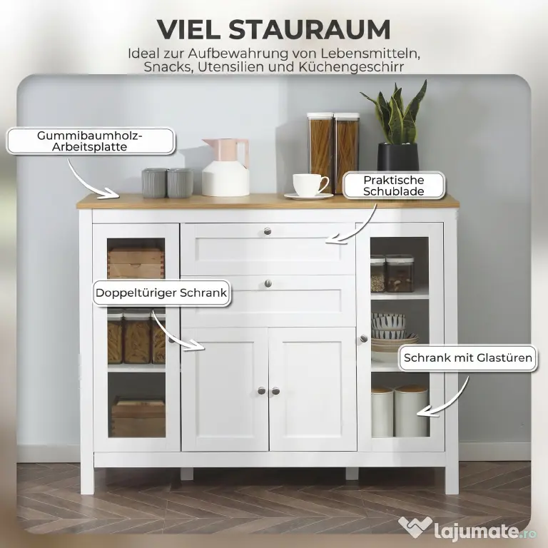 HOMCOM Comodă de Bucătărie, Mobilier de Bucătărie cu 2 Sertare, 3 Dulapuri, Blat de Lucru din Caucciuc, Bufet cu Uși din Sticlă, Rafturi Ajustabile, pentru Sufragerie, 120x40x90cm, Alb | Aosom Romania