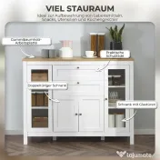 HOMCOM Comodă de Bucătărie, Mobilier de Bucătărie cu 2 Sertare, 3 Dulapuri, Blat de Lucru din Caucciuc, Bufet cu Uși din Sticlă, Rafturi Ajustabile, pentru Sufragerie, 120x40x90cm, Alb | Aosom Romania 