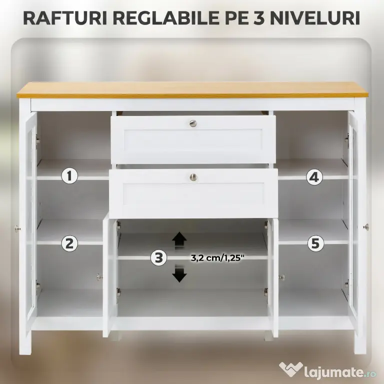 HOMCOM Comodă de Bucătărie, Mobilier de Bucătărie cu 2 Sertare, 3 Dulapuri, Blat de Lucru din Caucciuc, Bufet cu Uși din Sticlă, Rafturi Ajustabile, pentru Sufragerie, 120x40x90cm, Alb | Aosom Romania