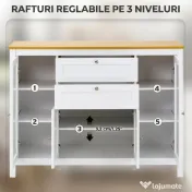 HOMCOM Comodă de Bucătărie, Mobilier de Bucătărie cu 2 Sertare, 3 Dulapuri, Blat de Lucru din Caucciuc, Bufet cu Uși din Sticlă, Rafturi Ajustabile, pentru Sufragerie, 120x40x90cm, Alb | Aosom Romania 
