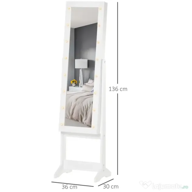 Dulap cu oglinda HOMCOM, pentru bijuterii, spatiu mare de stocare, MDF 36x30x136cm | Aosom RO