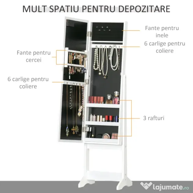 Dulap cu oglinda HOMCOM, pentru bijuterii, spatiu mare de stocare, MDF 36x30x136cm | Aosom RO