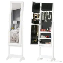 HOMCOM Dulap cu Oglindă pentru Bijuterii, LED, Depozitare Bijuterii, 36x30x136 cm, Alb