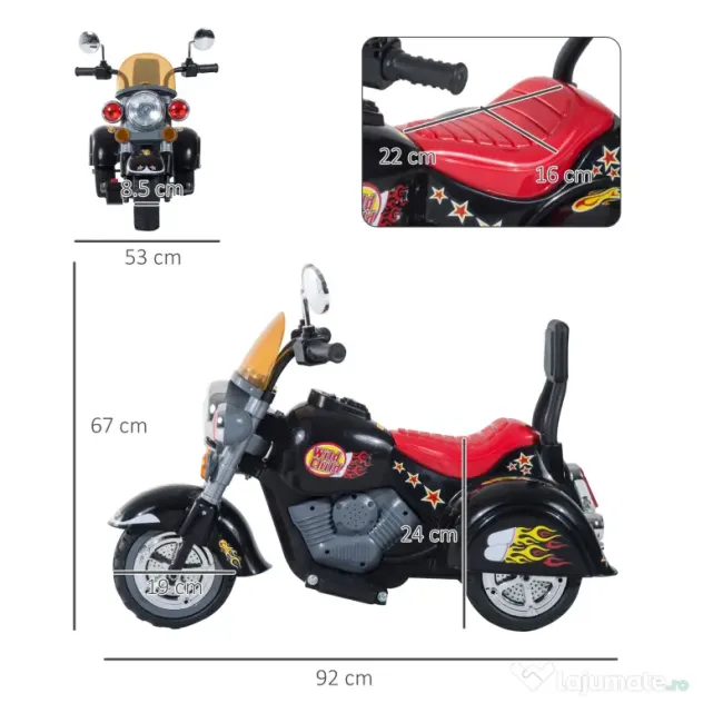 HOMCOM Motoretă Electrică pentru copii 3-6 ani cu 3 Roți, Sunete și Lumini, 92x53x67cm,Negru | Aosom Romania