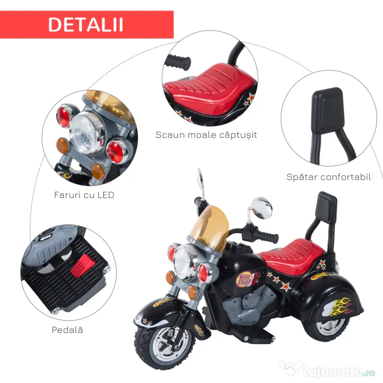 HOMCOM Motoretă Electrică pentru copii 3-6 ani cu 3 Roți, Sunete și Lumini, 92x53x67cm,Negru | Aosom Romania
