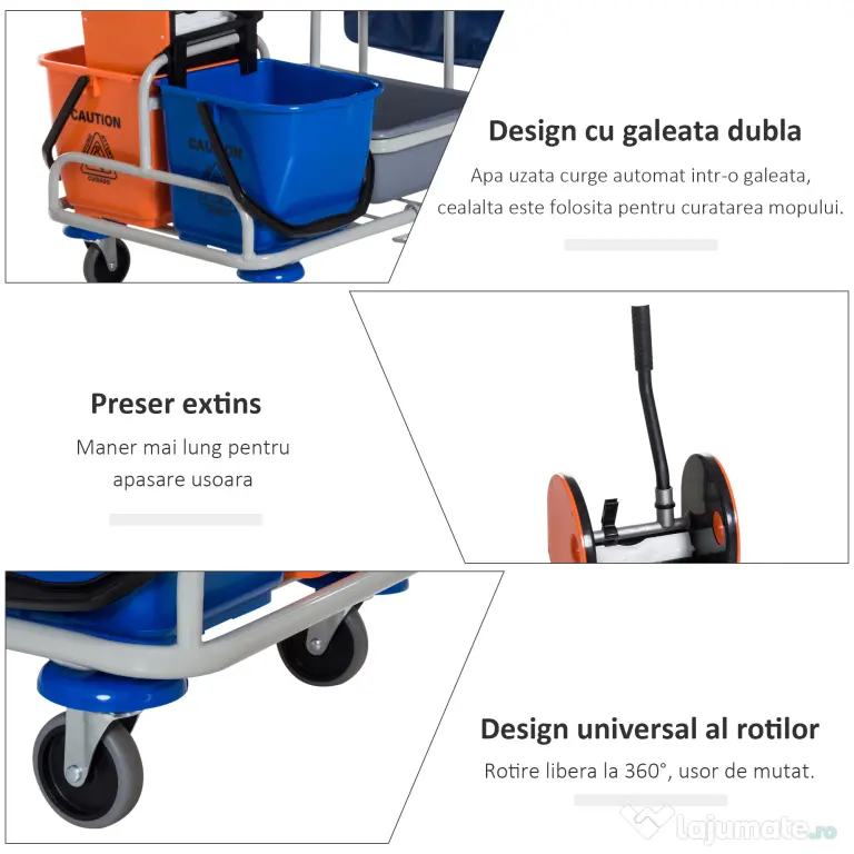 HOMCOM carucior curatenie, 4 galeti, 118×73×103 cm | Aosom Romania