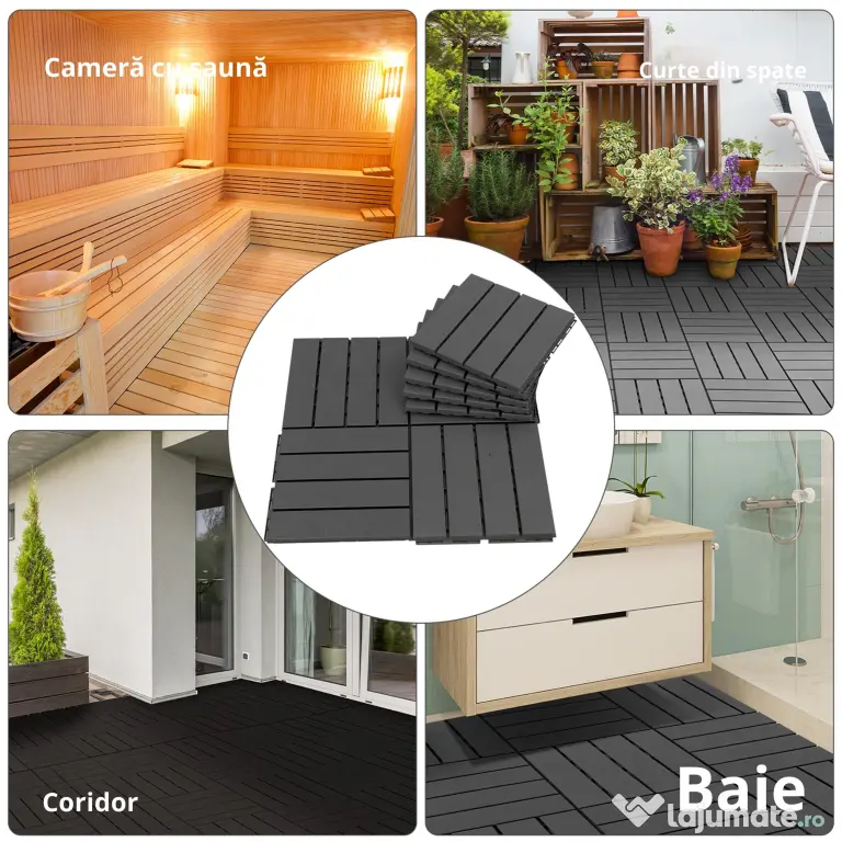 Outsunny Set 9 Caramizi de Cuplat pentru Terasa 30x30x2cm, 0.81 mq, Negru