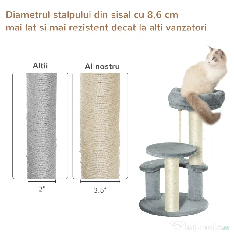 Copac pentru Pisici cu 3 Niveluri, 2 platforme si frânghie, din Plus, Sisal, Natural Gri Ф40x65cm PawHut | Aosom Romania